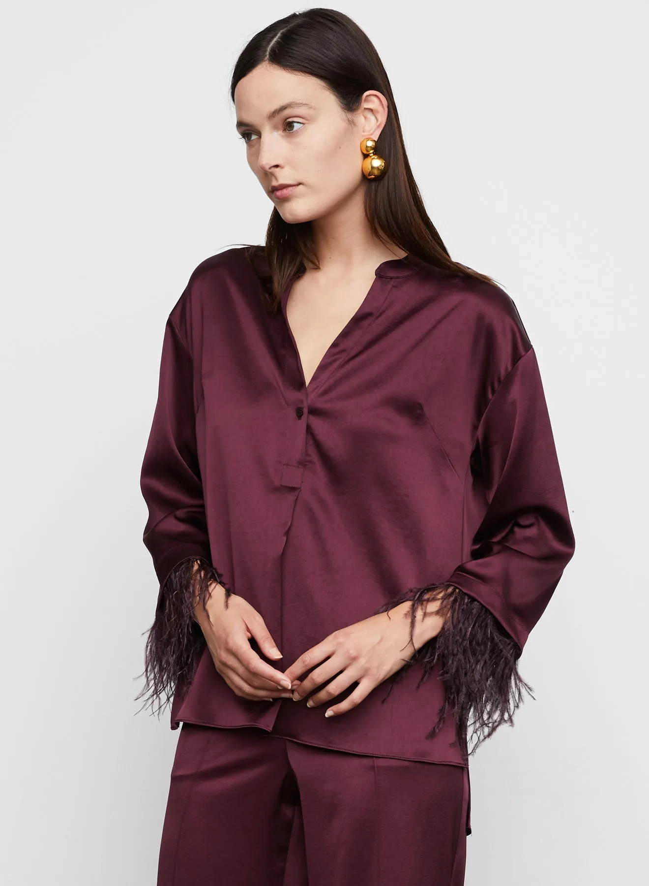 Nevaeh Satin Feathered Top in Burgundy