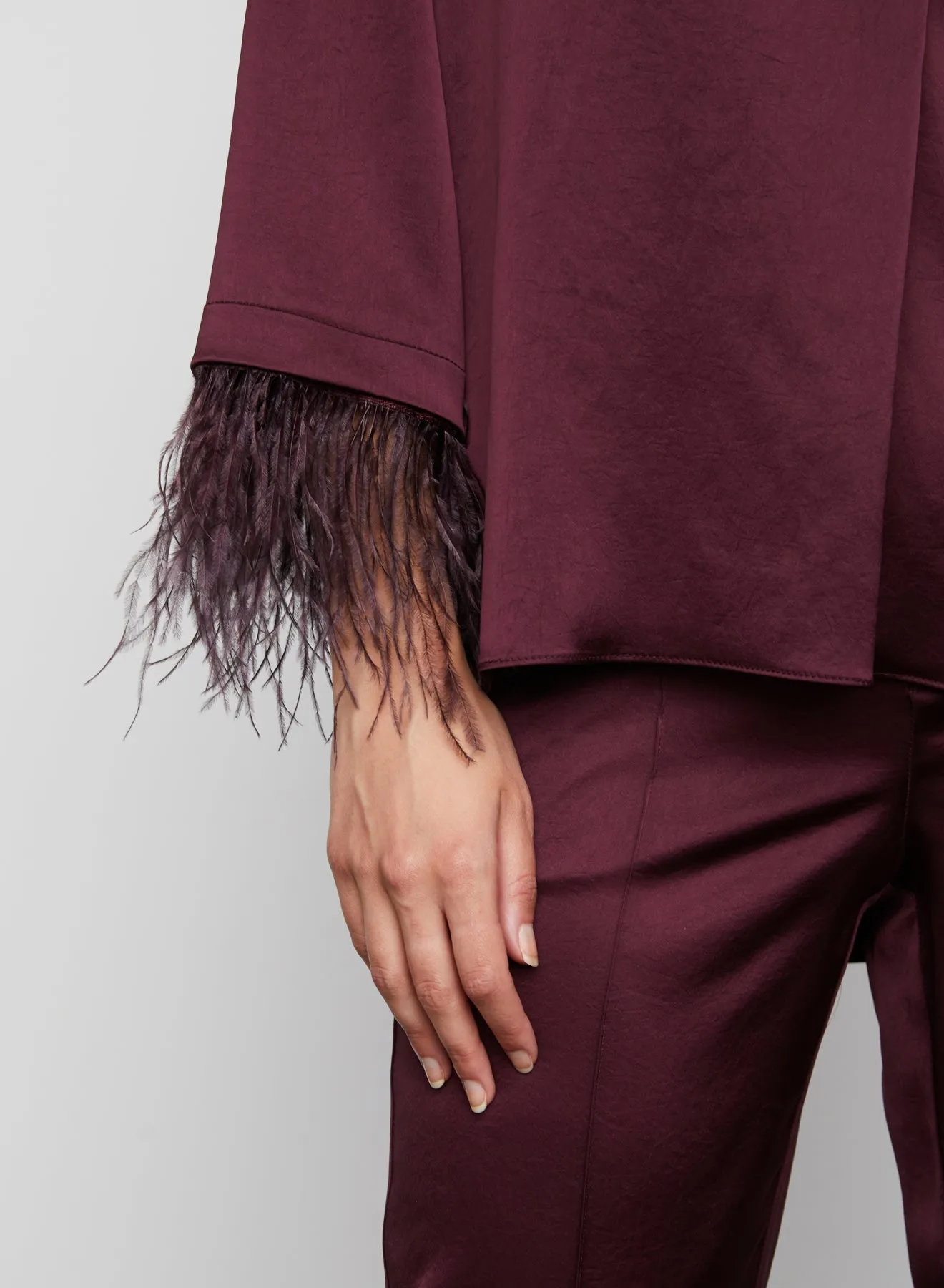 Nevaeh Satin Feathered Top in Burgundy