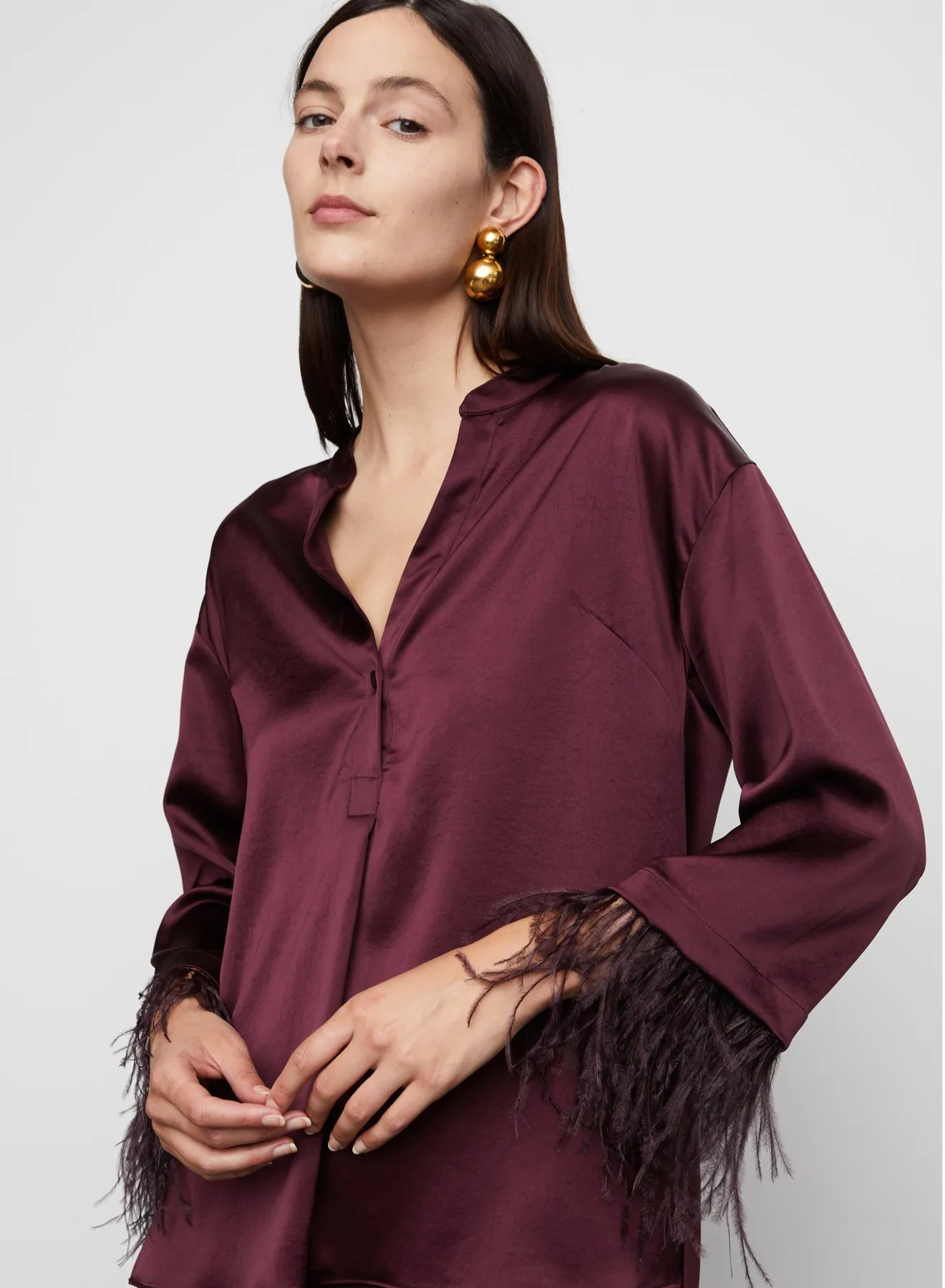 Nevaeh Satin Feathered Top in Burgundy