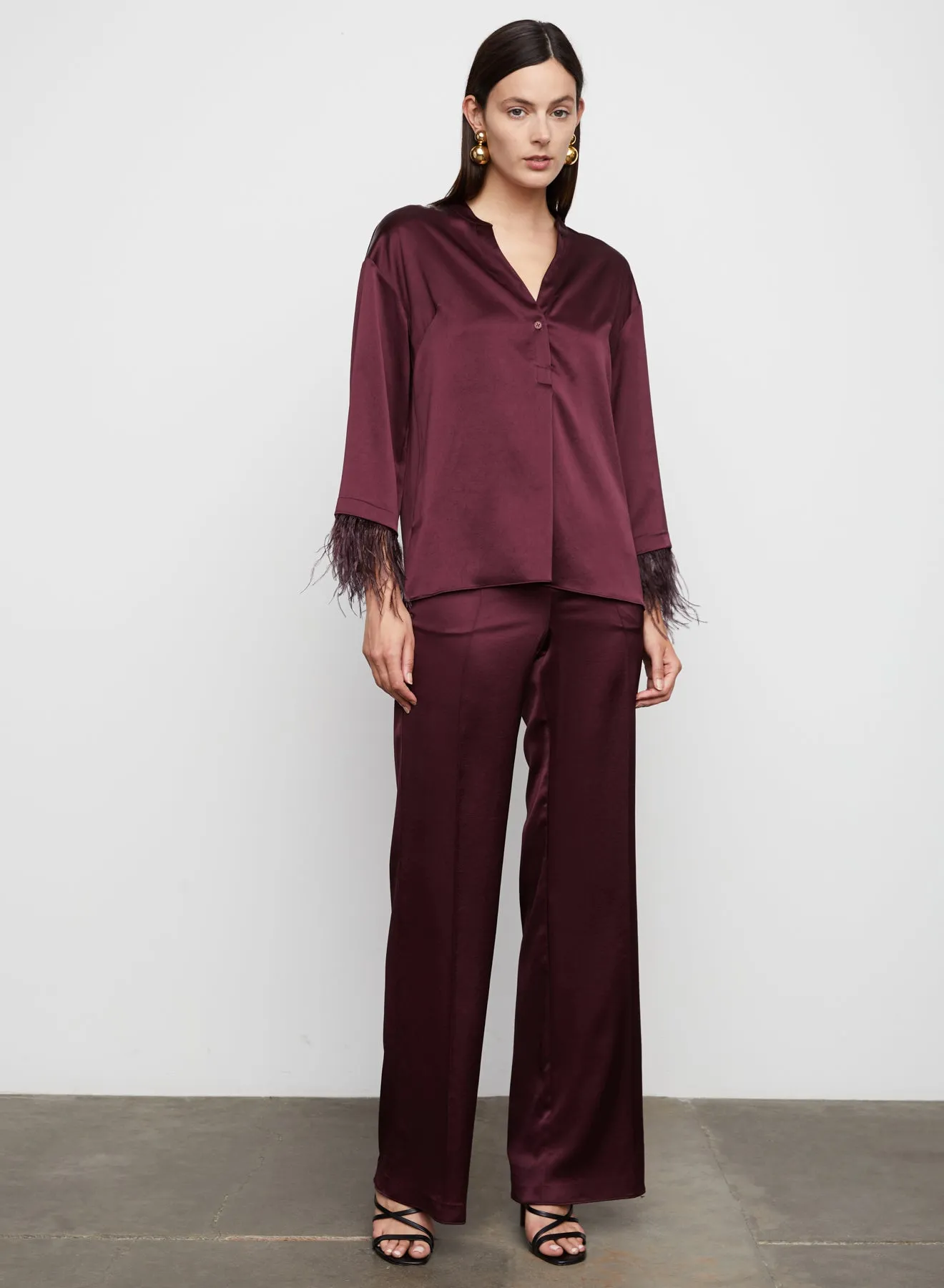 Nevaeh Satin Feathered Top in Burgundy