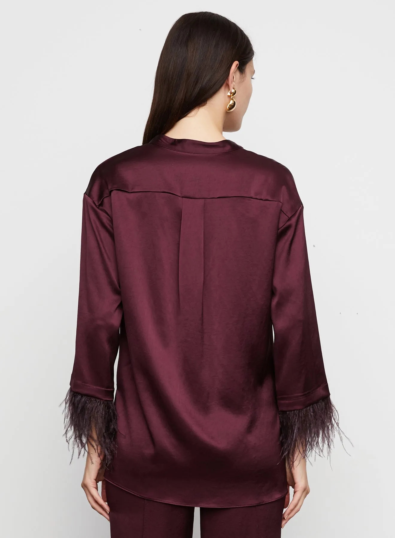 Nevaeh Satin Feathered Top in Burgundy