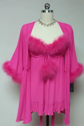 NEW WITH TAGS - GORGEOUS HOT PINK MARABOU CINEMA ETOILE SEDUCTIVE WEAR POM POMS 3 PC PEIGNOIR, NIGHTGOWN & PANTIES SET - SIZE LARGE - WOULD MAKE A LOVELY GIFT