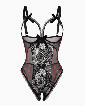 Red Heart Print Lace One Piece Mini Bodysuit