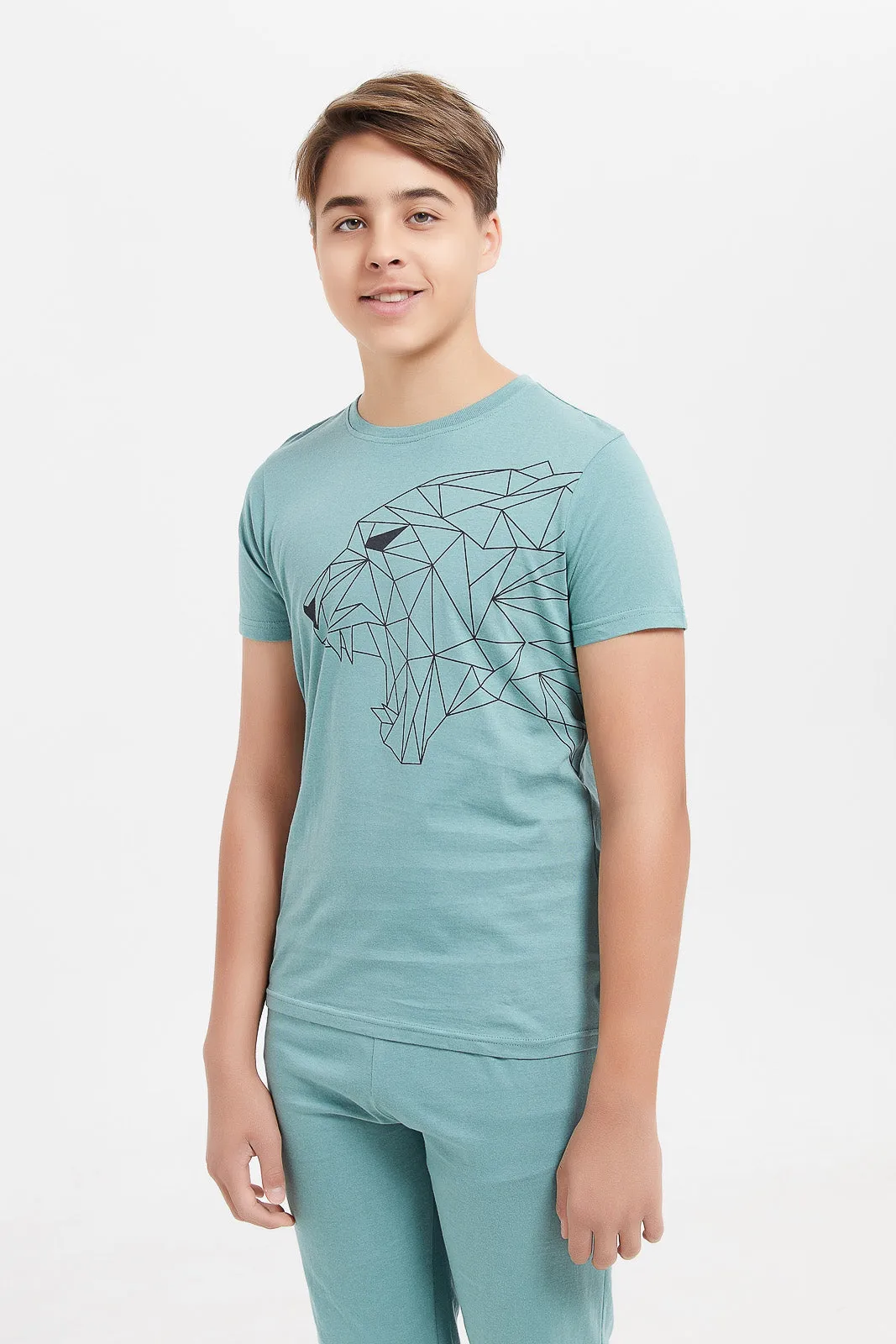 Senior Boys Mint Panther Face Pyjama Set (2 Piece)