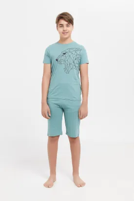 Senior Boys Mint Panther Face Pyjama Set (2 Piece)
