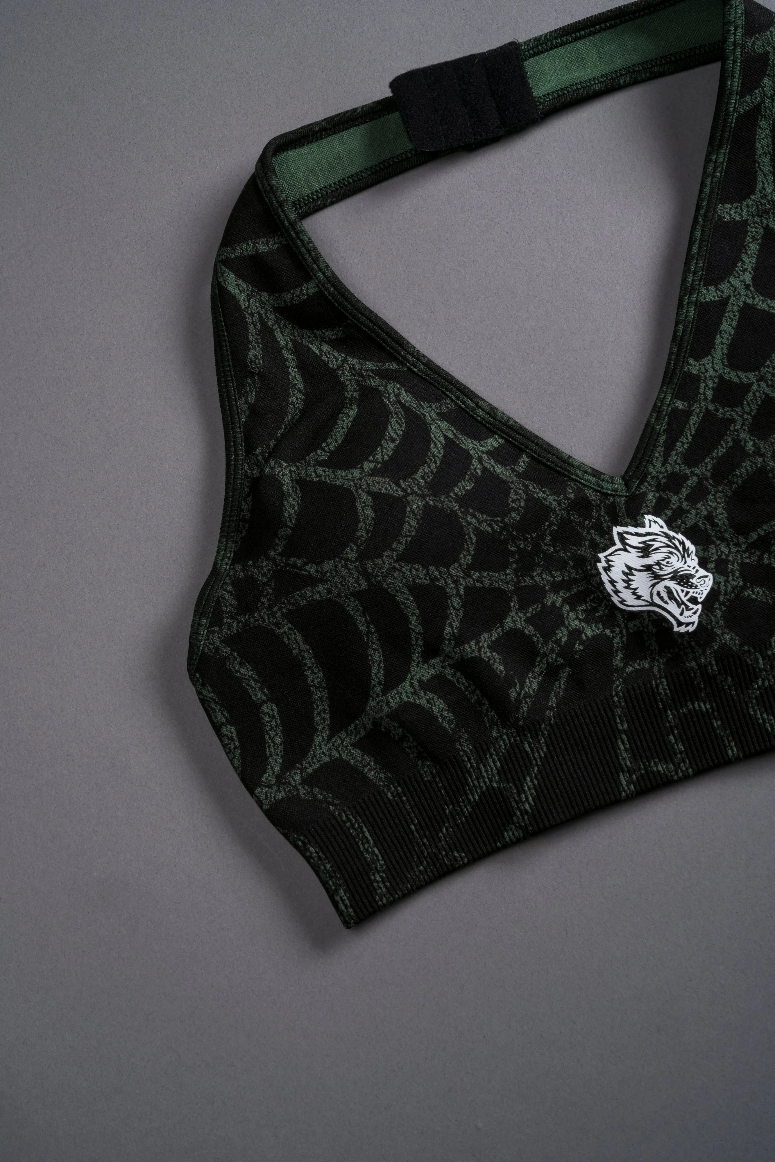 Single Wolf "Everson Seamless" Halter Bra in Black/Green Symbiote Web
