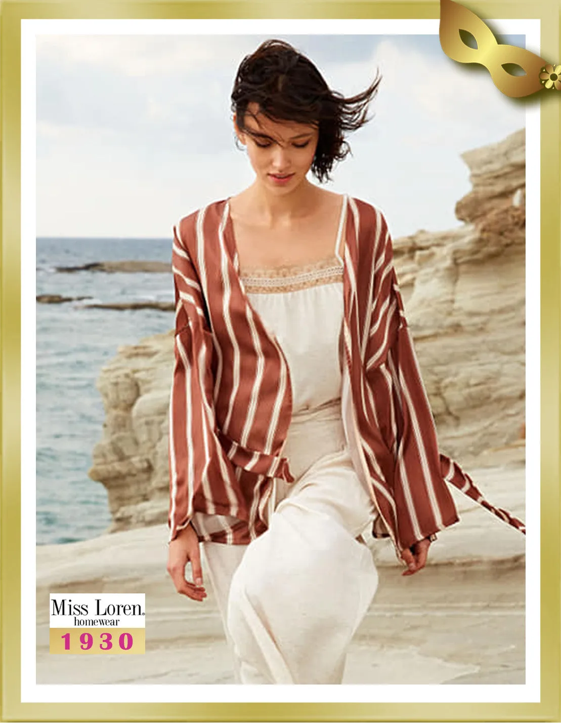 Sleeveless Top and Long Pants with Striped Robe Set (3 Pcs) 1930