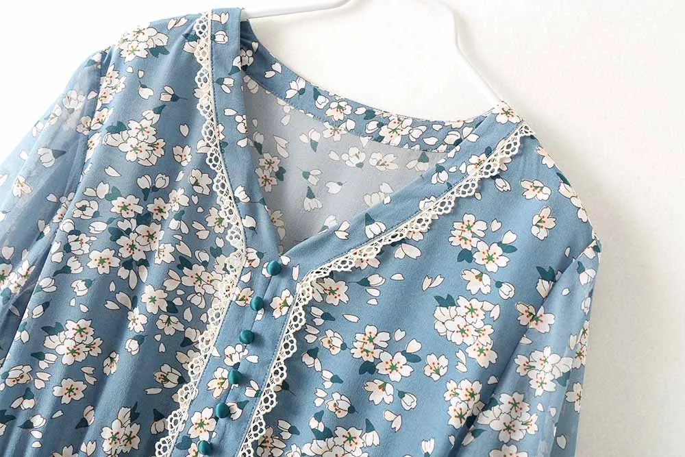 Spring Blossom Print Silk Dress– Elegant Blue
