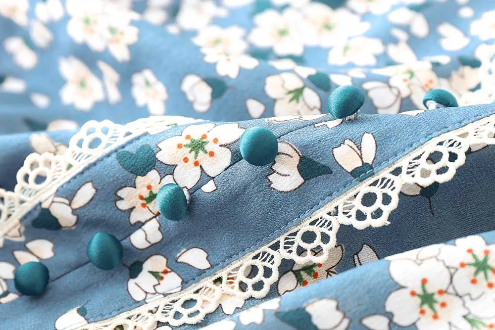 Spring Blossom Print Silk Dress– Elegant Blue