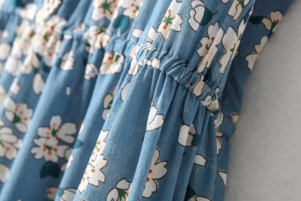 Spring Blossom Print Silk Dress– Elegant Blue