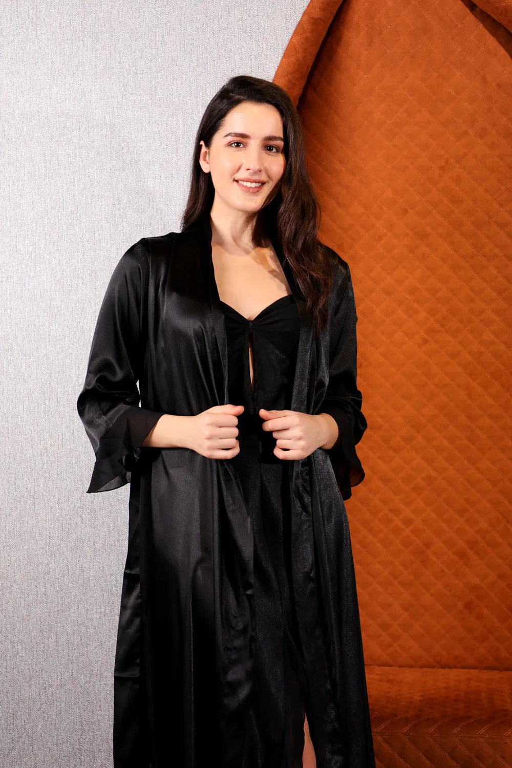 The Emma-line black satin Nightgown set