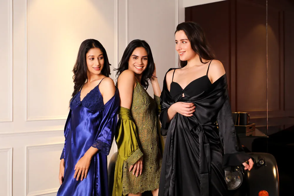 The Emma-line black satin Nightgown set