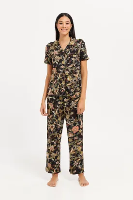 Women Black Flower Classic Print Pyjama Set (2 Piece)