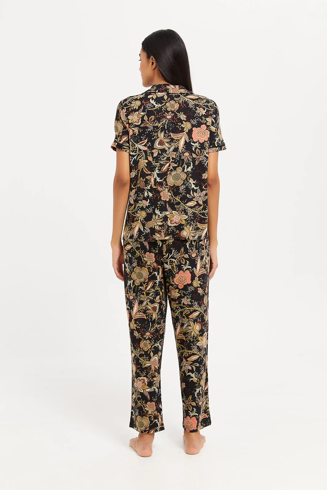 Women Black Flower Classic Print Pyjama Set (2 Piece)