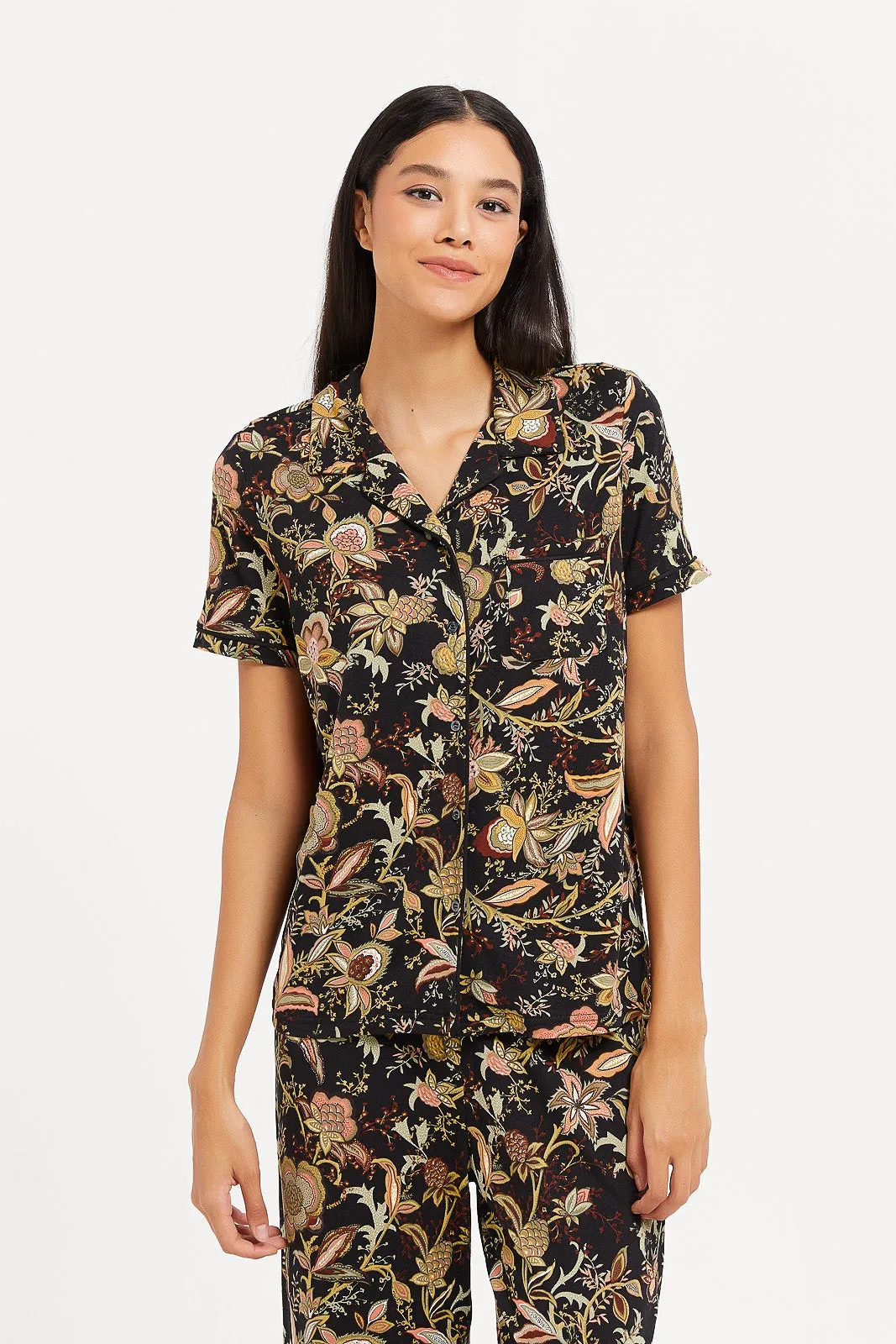 Women Black Flower Classic Print Pyjama Set (2 Piece)