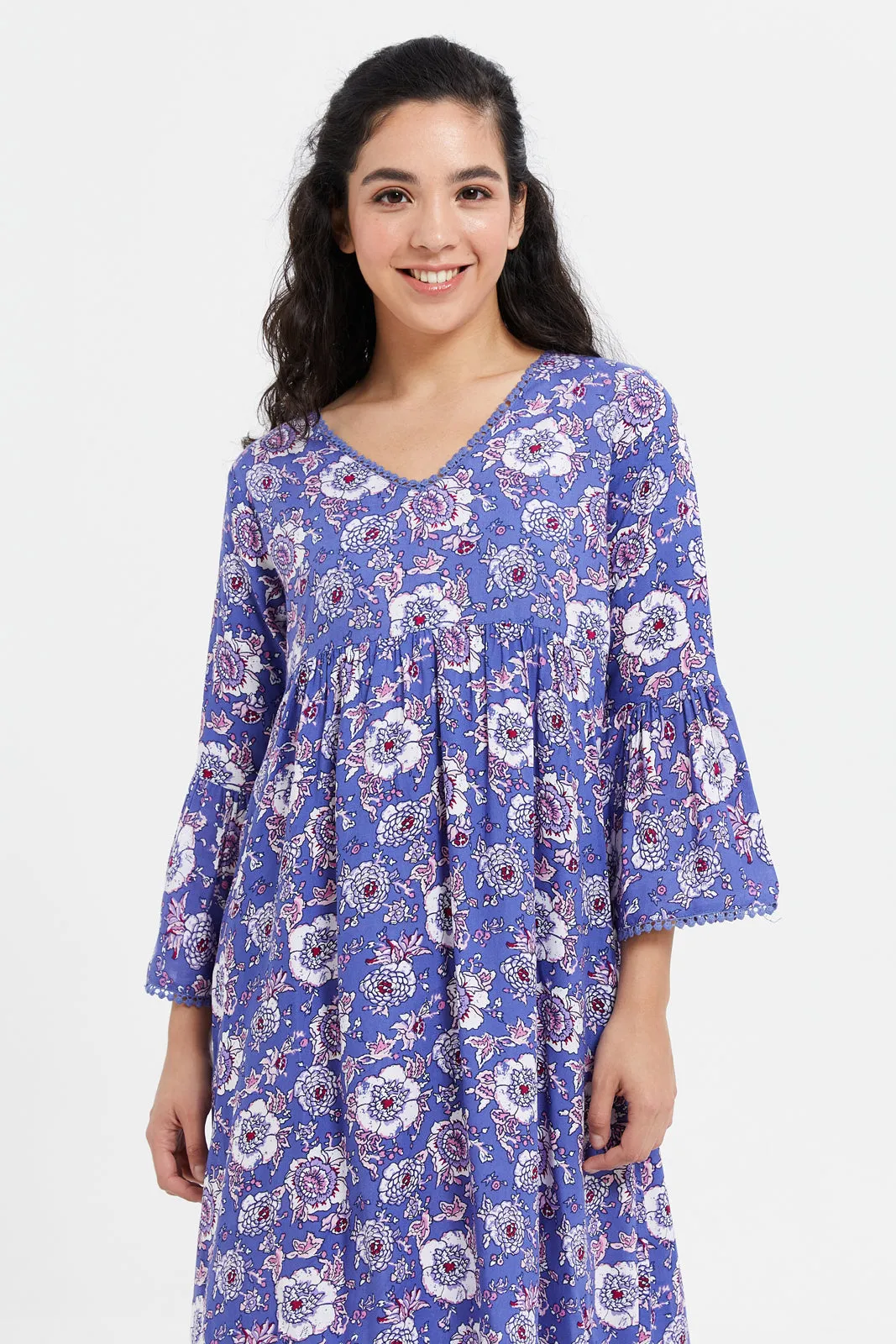 Women Blue Prnted Nightgown