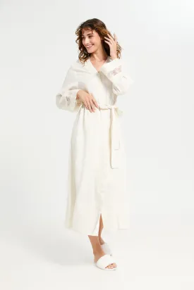 Women Cream Embellished Front Lace Nightgown