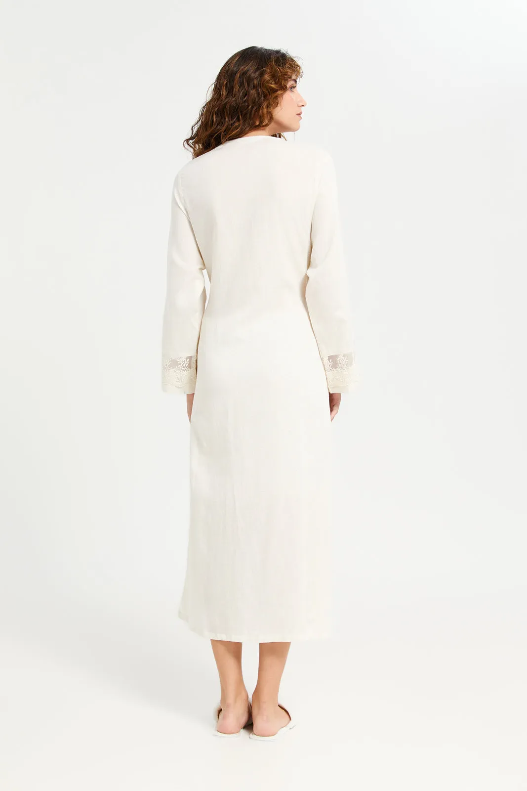 Women Cream Embellished Front Lace Nightgown