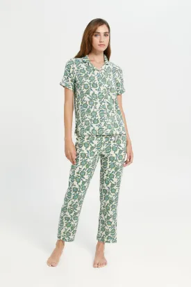 Women Green Classic Pattern Pyjama Set (2 Piece)