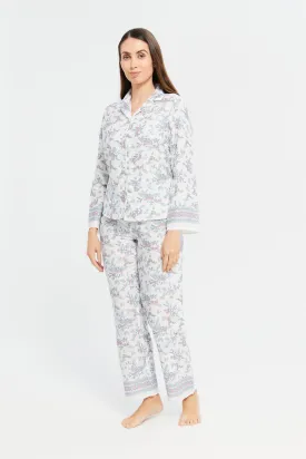Women Lilac Cotton Satin Border Classic Pyjama Set (2 Piece)