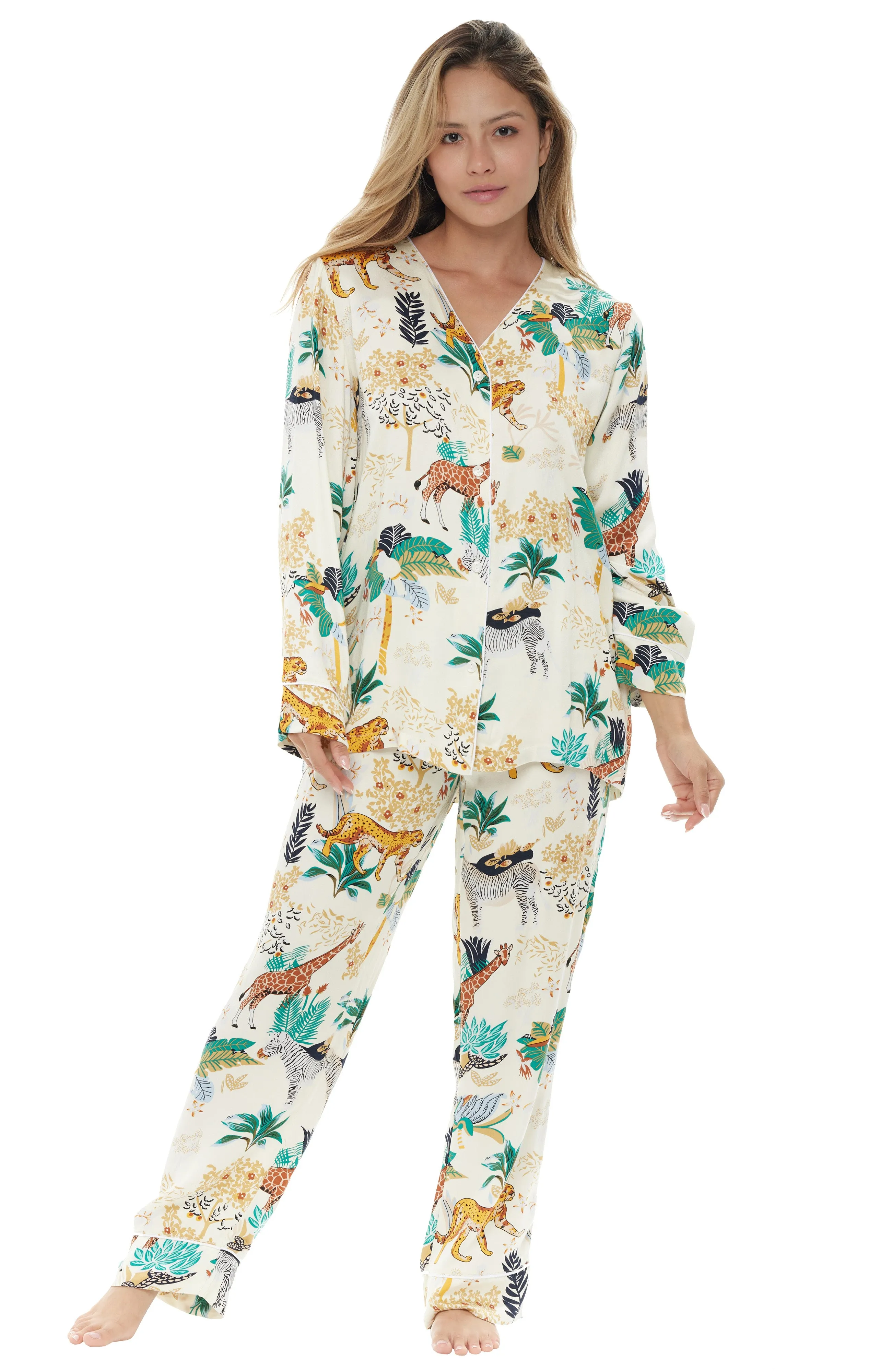 Women's Floral Print Pajamas with Pockets, Button Down PJ Set