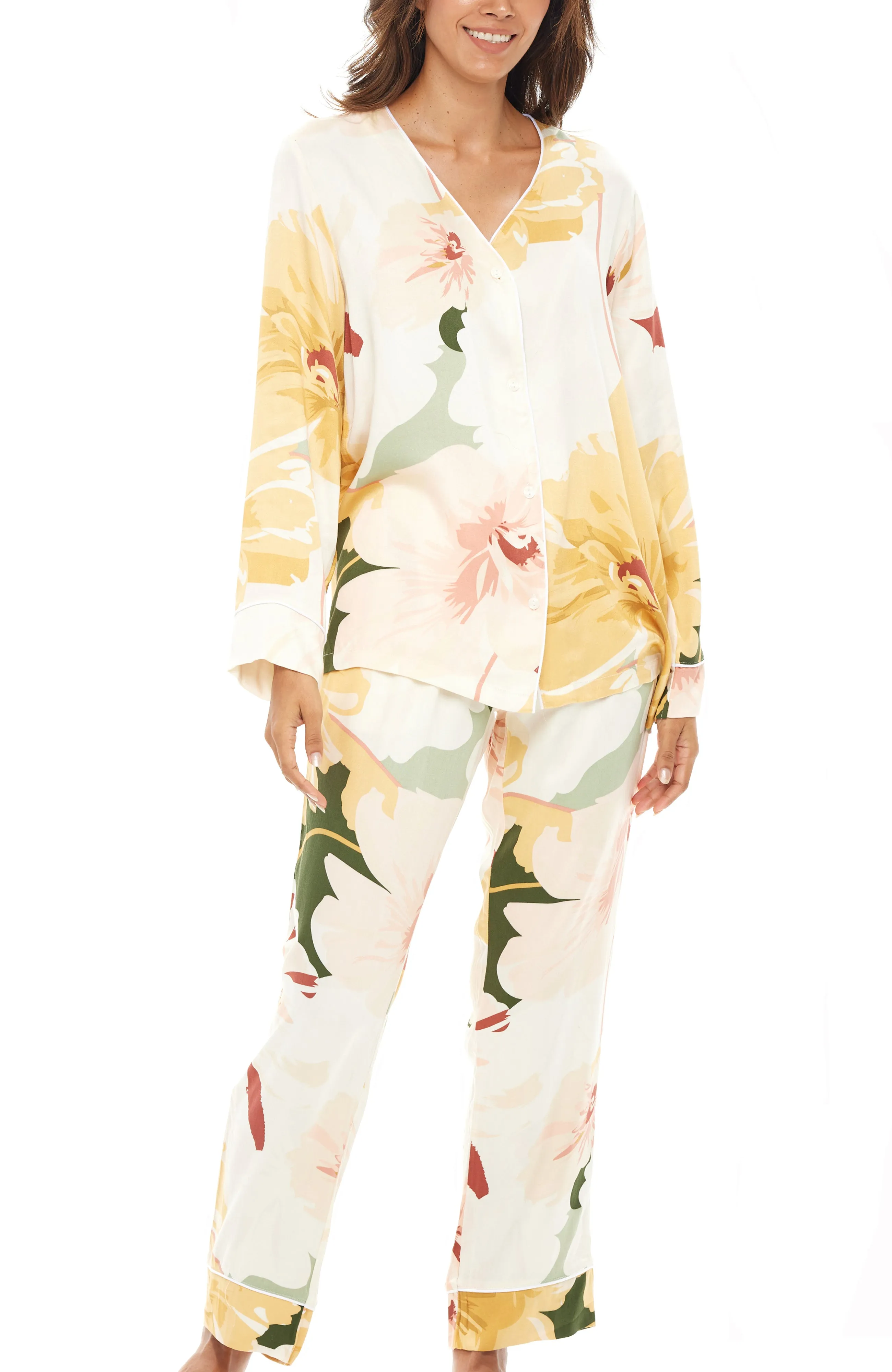 Women's Floral Print Pajamas with Pockets, Button Down PJ Set
