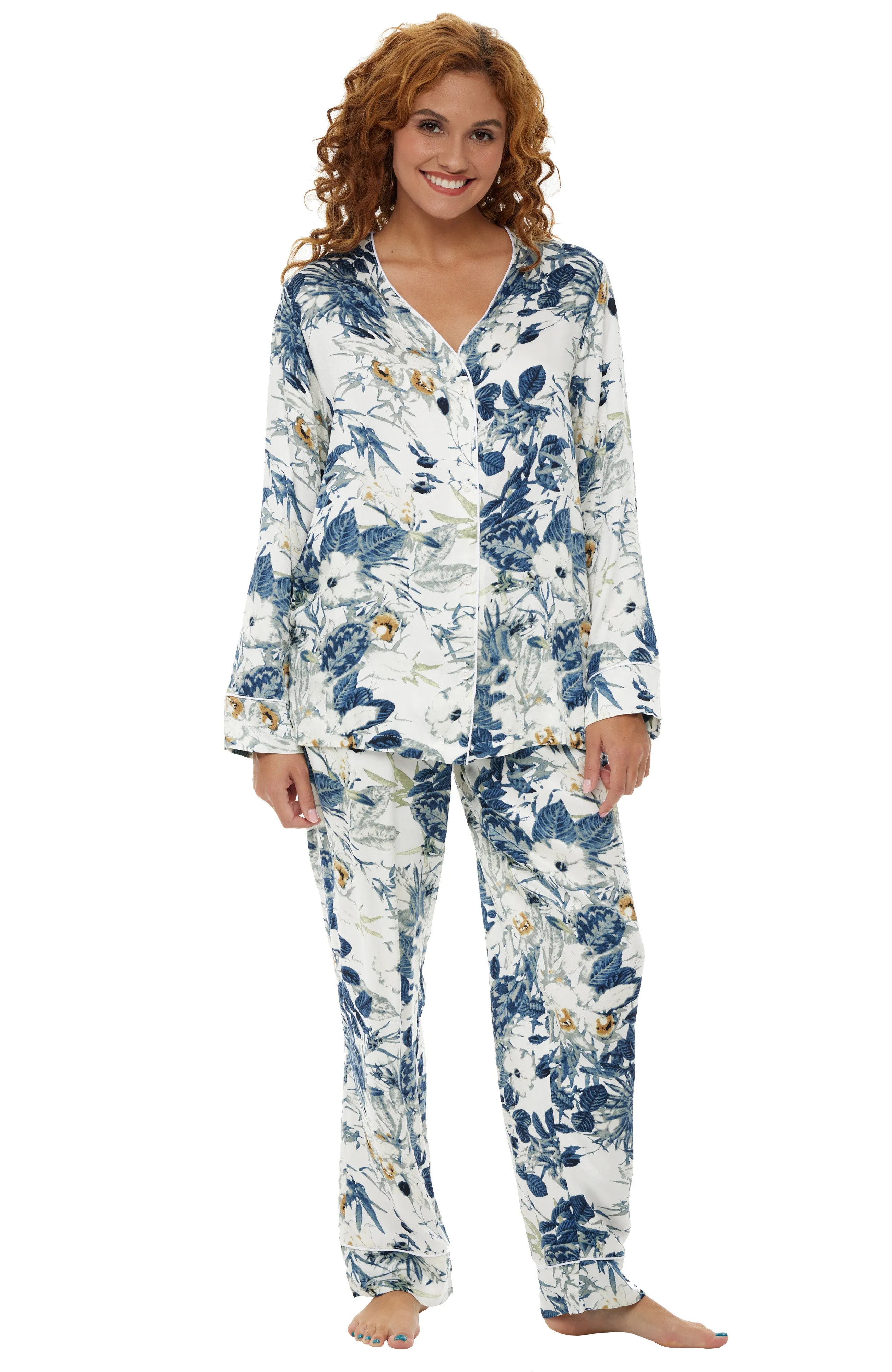 Women's Floral Print Pajamas with Pockets, Button Down PJ Set