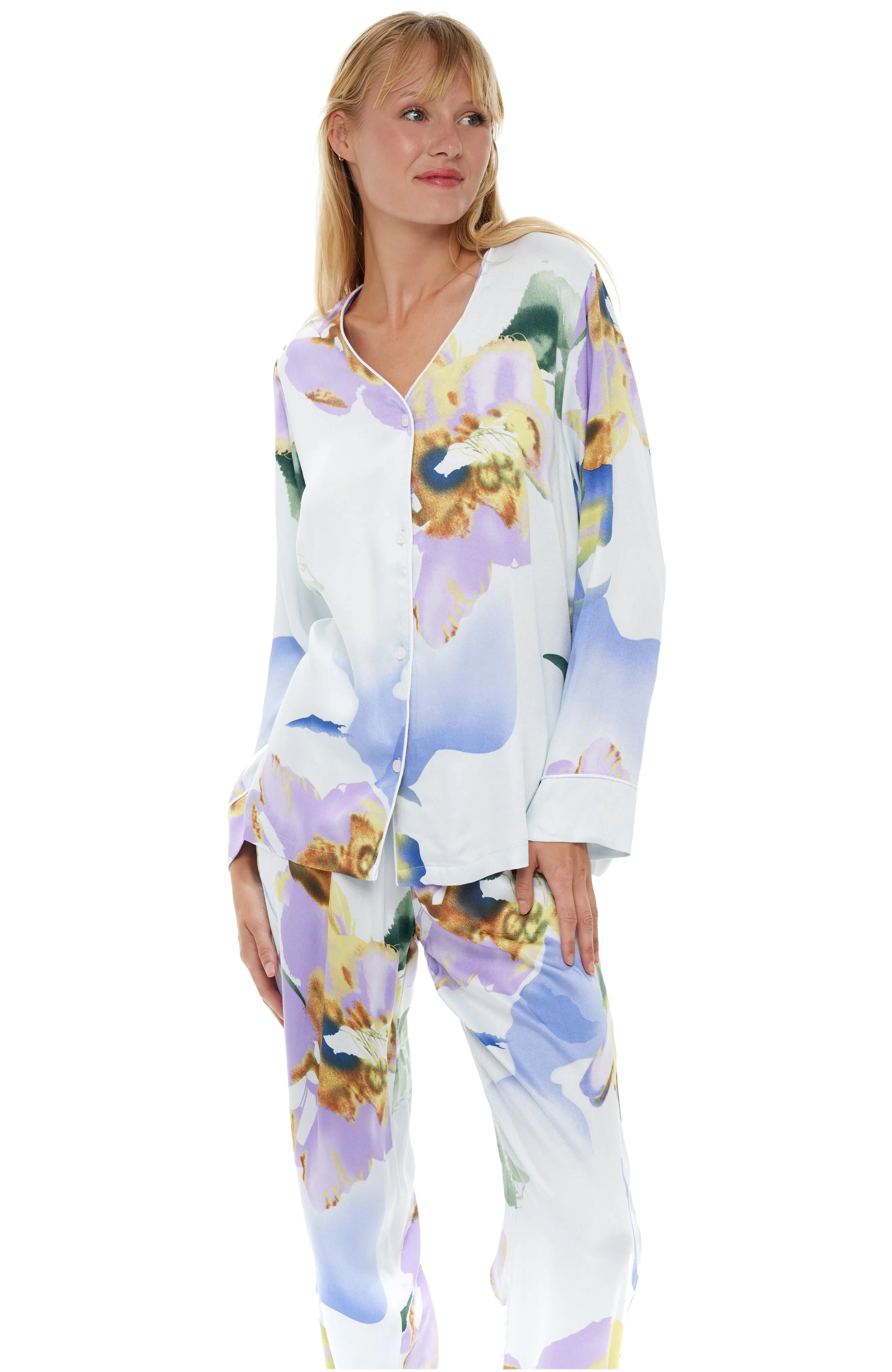 Women's Floral Print Pajamas with Pockets, Button Down PJ Set