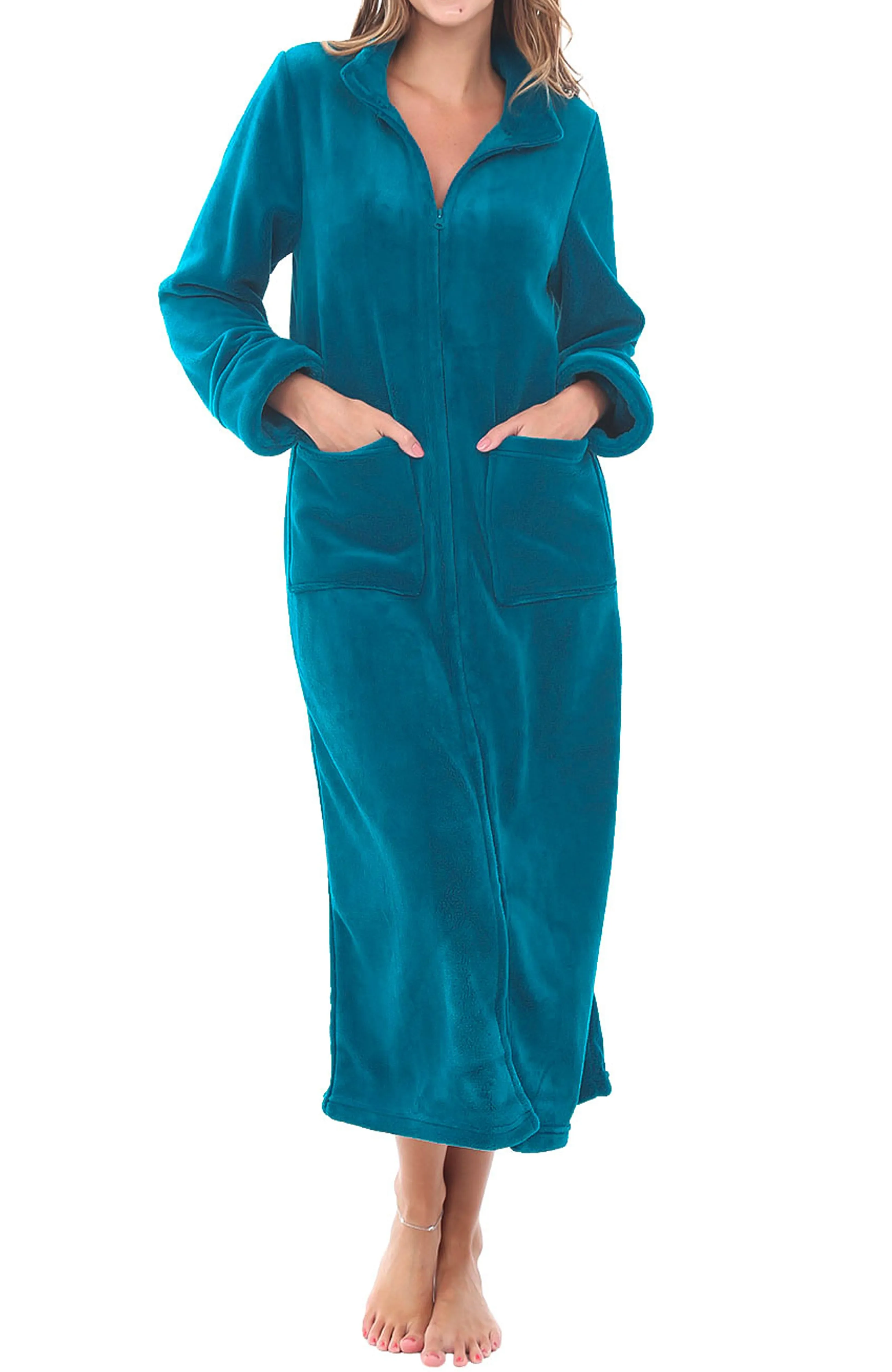 Women's Zip Up Plush Robe, Slim Fit Bathrobe with Two Way Zipper