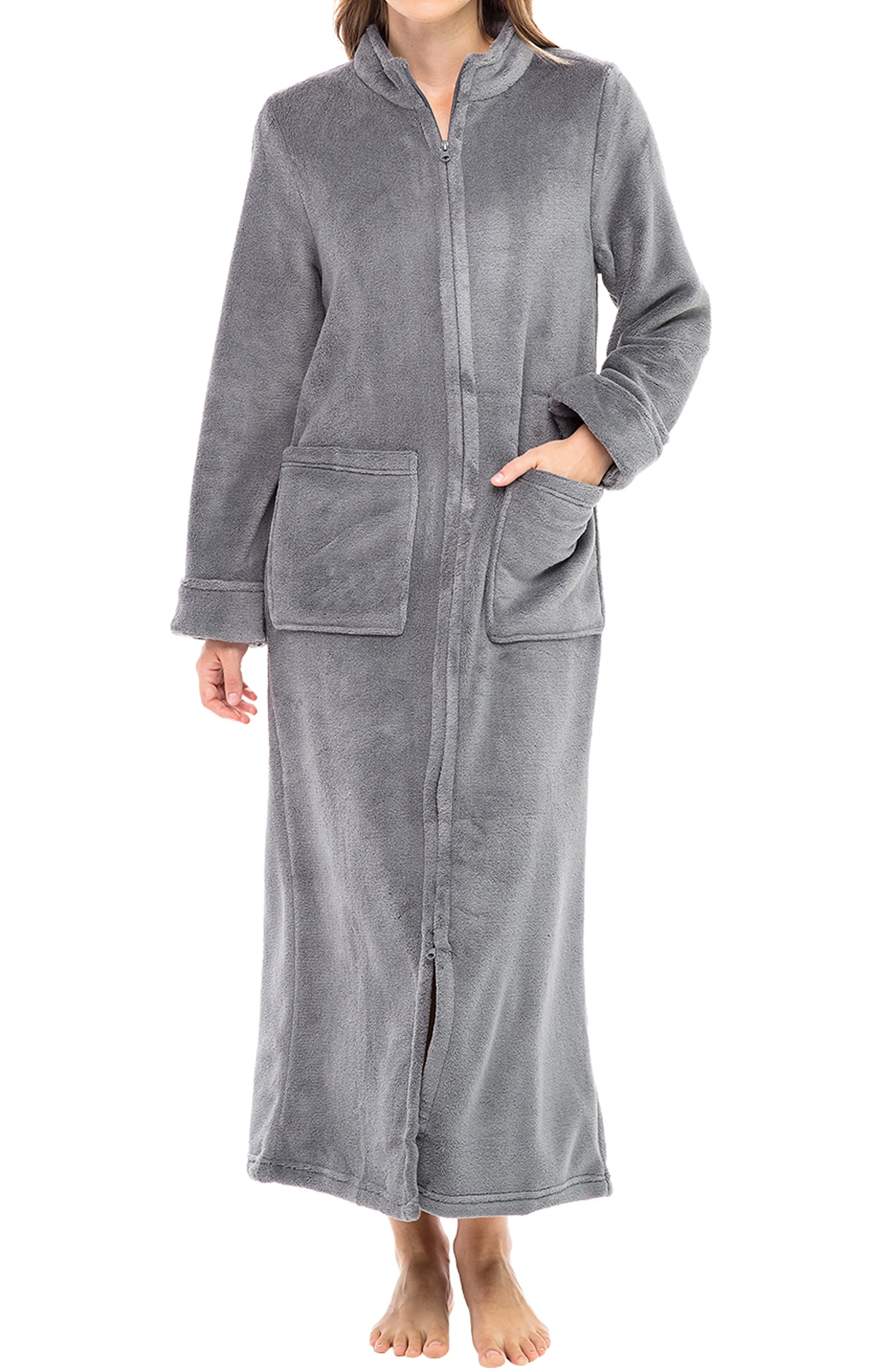 Women's Zip Up Plush Robe, Slim Fit Bathrobe with Two Way Zipper
