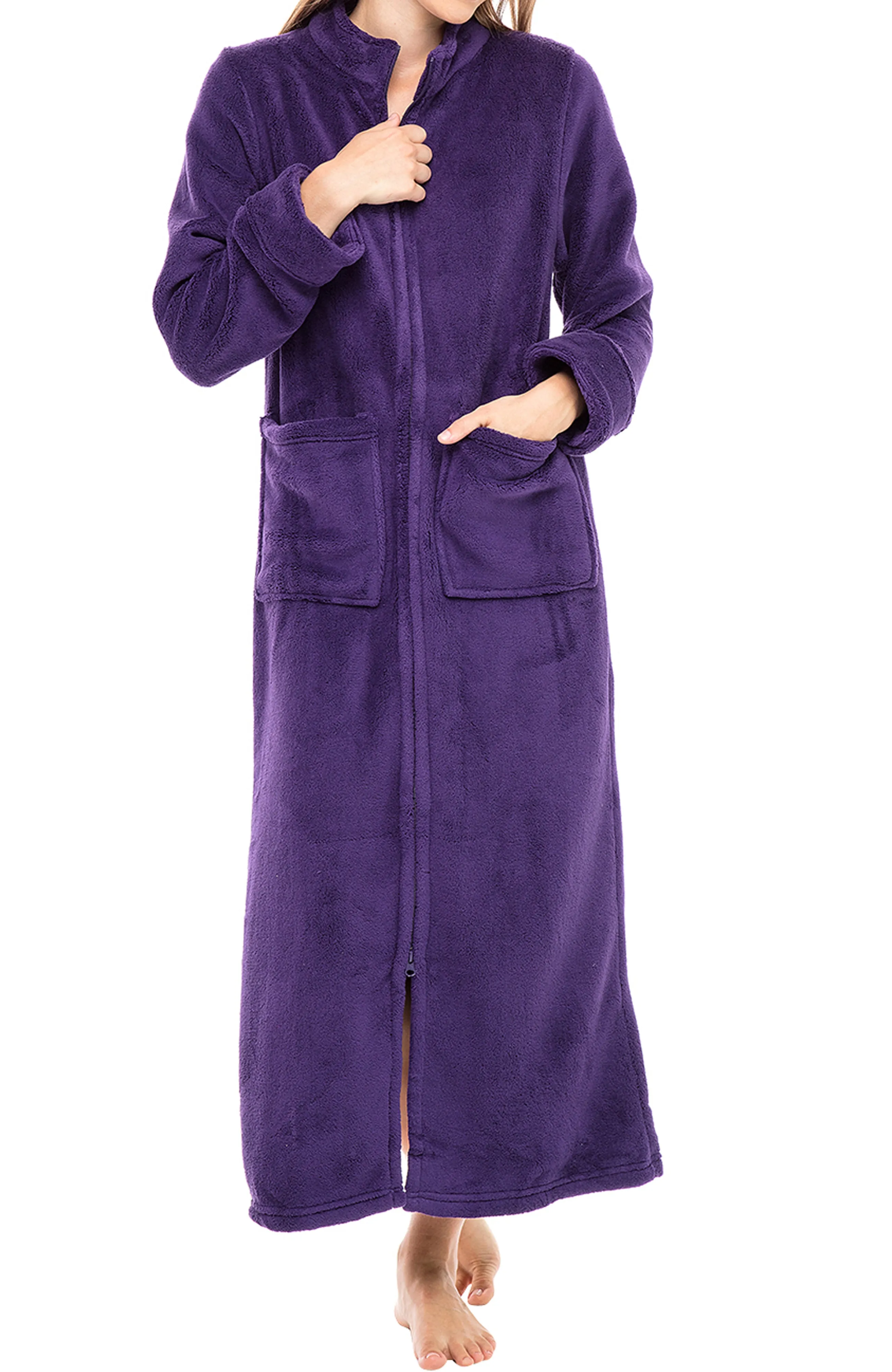 Women's Zip Up Plush Robe, Slim Fit Bathrobe with Two Way Zipper