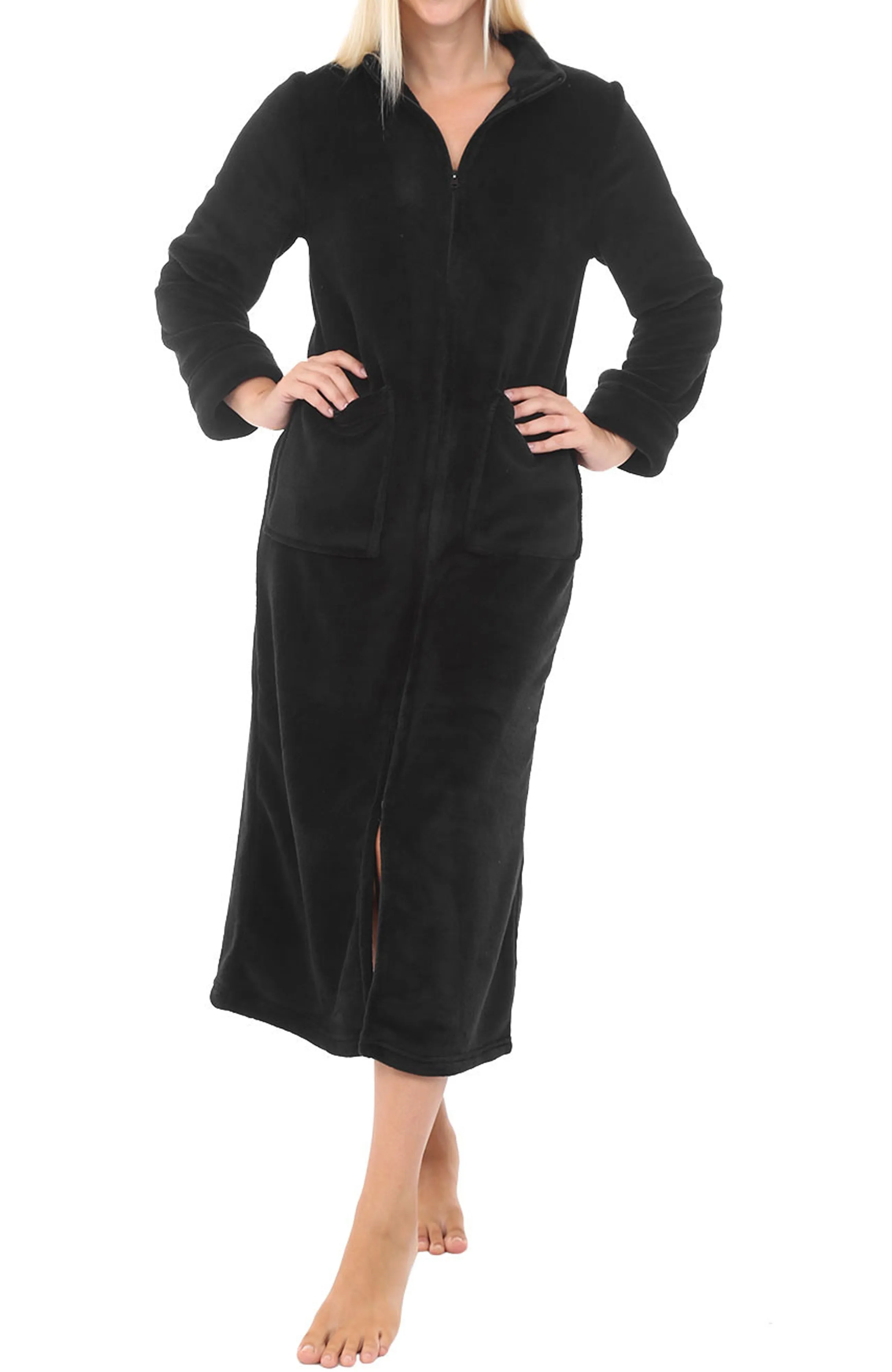 Women's Zip Up Plush Robe, Slim Fit Bathrobe with Two Way Zipper
